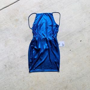 Metallic NWT blue party dress with tie back